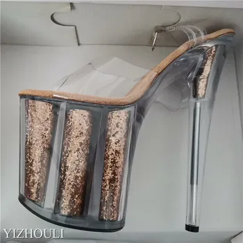 20 cm seksi prozorni platformo sequined dekoracijo, 8 palca stiletto banket nočni klub čevlji/pole dancing model sandali