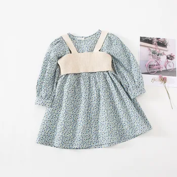 2020 Baby set dolg rokav cvetlični vzorec, obleko +pletene telovnik 2pcs malčka dojencek dekliška oblačila