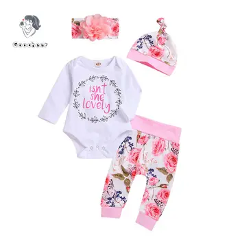 2020 Jeseni Newborn Baby Dekle Oblačila Pismo Tiskanja Dolgimi Rokavi Jumpsuit Vrhovi Natisnjeni Dolge Hlače Glavo Klobuk 4Pcs Obleke Set