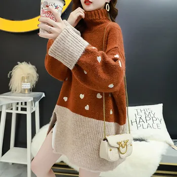 2020 Korejski Jeseni Ženske Oblačila Prevelik Pleteni Puloverji Mozaik Kontrast Barve Weater Skakalec Ženska Turtleneck Puloverji