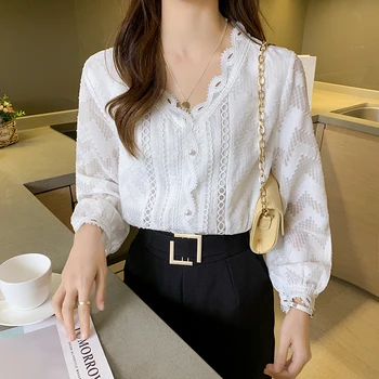 2021 Moda za Ženske Bluze Luč Long Sleeve Vintage Bela Elegantna Šifon Bluzo Svoboden Ženska, Proti-vrat Čipke Srajce BLUSA 10982