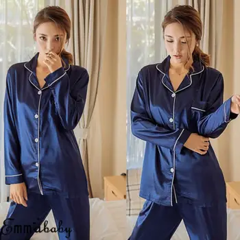 2Pcs Ženske Saten Svila Sleepwear Trdna Priložnostne Modra Dolg Rokav Pižamo Pj ' Set Home Obleko More 5 Barv