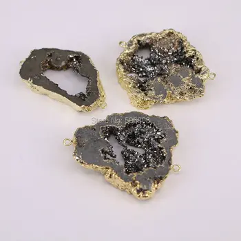 4PCS ZYZ-C5910 Titanium Siva barva geode quartz kamen biseri, biseri, Kamen čar kroglice, zlata barva nakit priključek kroglice