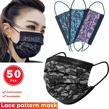 50PCS za Enkratno uporabo Maske Non-woven Maske Pokrov 3 plast Vložek Filter Proti Prahu Dihanje Odraslih Usta Maska je Črne Čipke vzorec