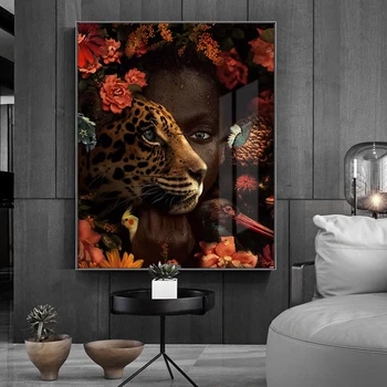 Afriške Umetnosti Črna Ženska Tiger Rose Ptica Oljna slika Cuadros Plakatov in Fotografij Wall Art za Dnevni Sobi Doma Dekor (Brez Okvirja)