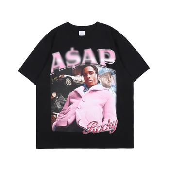 ASAP Rocky Portret Grafično Estetiko, T-majice Hip Hop Bombaža, Kratek Rokav Svoboden Par T-Shirt