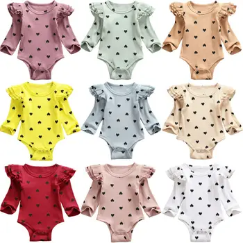 Baby Bodysuit 2019 Newborn Baby Dekleta Fantje Ruffle Dolg Rokav Srce, ki Tiskanja Jumpsuit Bodysuit Playsuit Obleke, Oblačila, Velikost 0-24M