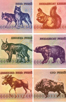 Belorusija Set 6 KOSOV 1992 (P1, P4-8), (5 10 25 50 50 100 Rublei Rubljev) Ugotavlja, UNC Original Živali Zbirka Opomba