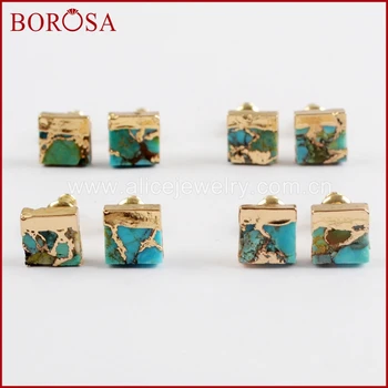 BOROSA 5/10Pairs Zlato Barvo 7mm Kvadratnih Baker Naravne Turquoises Stud Uhani Naravnih Modri Kamen Uhani za Ženske G1648