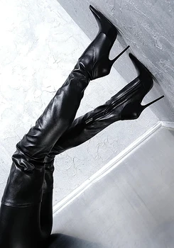 Botas mujer invierno black ženske čevlje z visoko stegno pete bota nad kolena čevlji konicami prstov dolgo ženski motocikel plus size47