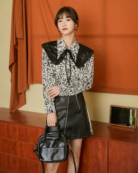 CHEERART Leopard Tiskanja korejski Bluzo Ženske Long Sleeve Vintage Vrh Gumb Gor Ovratnik Shirt Dame Vrh Jeseni Leta 2020 Oblačila