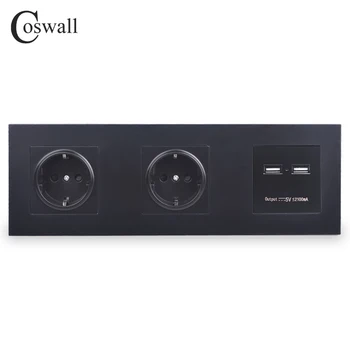 COSWALL Stene PC Plošča Dvojna Vtičnica 16A EU Električno Vtičnico Dvojno USB Smart Polnjenje Vrata 5V 2A Izhod Vitez Črne Barve