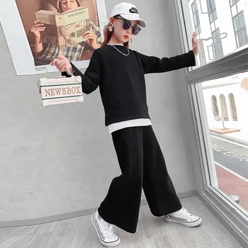 Deklice Obleko 2020 Jeseni in Pozimi Novo Hong Kong-slog Svoboden Široko noge Hlače Obleko, dvodelno, Leni Veter Veliki Otroci Majica Trendy