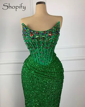 Dolge Elegantne Večerne Obleke 2020 Morska Deklica Slog Sparkly Kristali Afriške Ženske Zelena Sequined Ženske Formalno Oblek