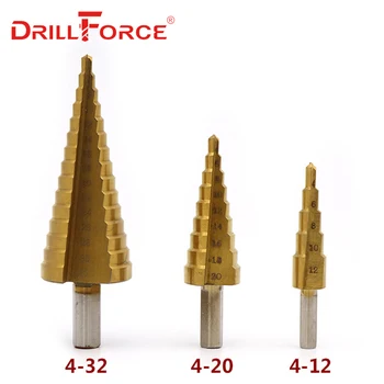 Drillforce 3PCS Velik Korak Cone HSS Jekla, Titana Spirala Profilirane Korak Drill Bit Nastavite Luknjo Rezalnik Cut Orodje 4-12/20/32mm +Lesa Polje