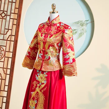 Elegantna Vezenina Cheongsam Kitajski Vintage Stil Žensk Qipao Lady Phoenix Saten Nevesta Poročni Obleki Zveze Obleko Obleko