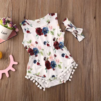 Emmababy Newborn Baby Girl Obleke brez Rokavov Rose Cvet Tiskanja Rese Romper Jumpsuit Glavo 2Pcs Obleke Bombaž Sunsuit