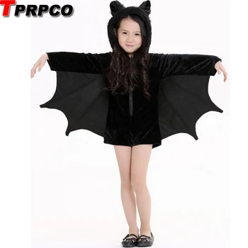 Fant Dekleta Black Bat Kostum Halloween Hooded Jumpsuit Romper Cosplay Obleko S Krili Ušesa Nogavice Za Otroka Teen Dekleta