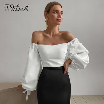 FSDA Off Ramen Dolge Puff Rokav Bluzo Rokavi Ženske White Elegantna Jeseni Seksi Urad Dama Priložnostne Top Majice
