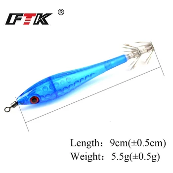 FTK 5pcs Fishing Lure 9 cm 5.5 g Lignjev, Kljuko Z Lasersko Kartico Jigging Hobotnice, Sipe Kozice Vabe 3D Oči Svetlobna Vab