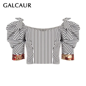 GALCAUR Striped Majica Za Ženske Kvadratnih Ovratnik Puff Kratek Rokav Zadeli Barvni Mozaik Bowknot korejski Bluze za Ženske do leta 2020 Oblačila