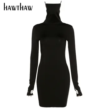 Hawthaw Ženske Jeseni, Pozimi Dolg Rokav Turtleneck Black Bodycon Slim Paket Hip Mini Kratko Obleko 2020 Sodijo Oblačila Ulične