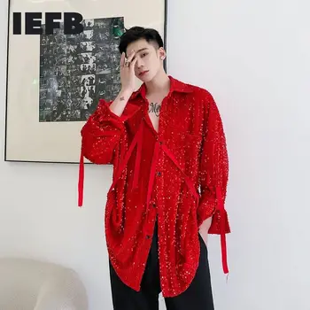 IEFB /oblačila za moške Posamezen izdelek žamet sequins modi čipke-up velikosti črno rdeče srajce za moške Pomlad novo vrhovi 9Y4068