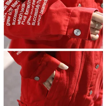 Ins ženske plašč 2020 jeseni rdeča modni korejski slog žep pismo tiskanja priložnostne svoboden denim jopiči, ženski mujer bomber jakno