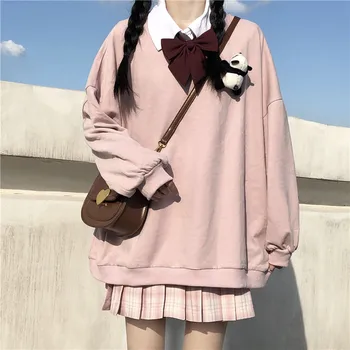 Japonske Ženske Majica 2020 Jeseni Sweety O-Vratu Prevelik Pulover Svoboden Leni Kawaii Candy Barve Poln Rokav Jopice