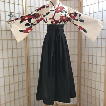 Japonski Kimono Kostume Ženska Yukata Haori Dolg Rokav Vrh Krilo Kawaii Oblačila za Dekleta Cosplay bo Ustrezala Japonski Nositi Črno Rdeča
