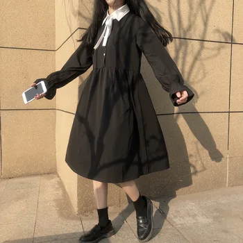 Kawaiii Lolita Harajuku Street Fashion Svoboden Japonski Sladko Dolgo Polo Ovratnik Black Dolg Rokav Obleka Ženske