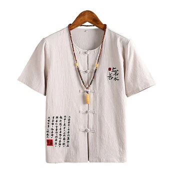 Kitajski Slog Bombaž Majica s kratkimi rokavi Moški Kratek Rokav Vintage Priložnostne Mens T Srajce Sponke Poletje Moda Človek T-shirt