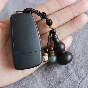 Kitajski Tradicionalni srečno Gourd Avto Black Sandalovine Keychain Srčkan Mini Lesa Key ring Pobožne Srečen Obesek Avtomobilske Ključe