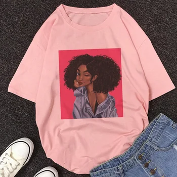 Kul Melanin Črno Dekle Majica s kratkimi rokavi Ženske Seksi Dekle, ki Jedo Cigaret Vrhovi Hip Hop Stilu Tshirt Ulične Priložnostne Ženska T-shirt roza
