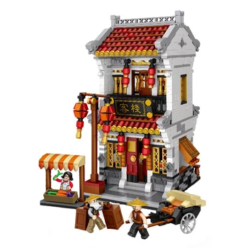LOŠKI 1025 Mesta Starodavnih Ulic in Chinatown Taverna Hotel 3D Model 1692pcs DIY Mini Bloki, Opeke Stavbe Igrača za Otroke, št Polje