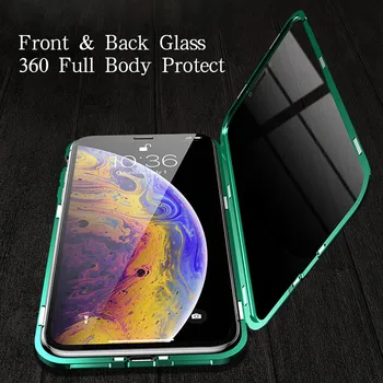 Magnetni Kovinsko Ohišje za Iphone 11 pro Xs Max Xr X 8 7 Plus Anti-peeping Kaljeno Steklo Luksuzni Spredaj Nazaj Stekla za Celotno Telo, Zaščito