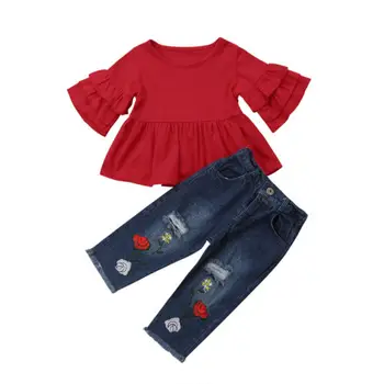 Malčka Otrok Baby Dekle Ruffles Rokav T-shirt Vrhovi+Flare Denim Jeans Hlače Luknjo Obleke Komplet Oblačil