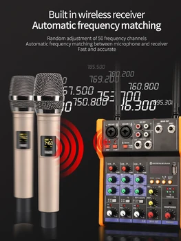 Mini 4 Kanalni Avdio Mešalne Konzole 48V z vgrajenim Brezžičnim Mikrofonom, Bluetooth DJ Mešalnik USB