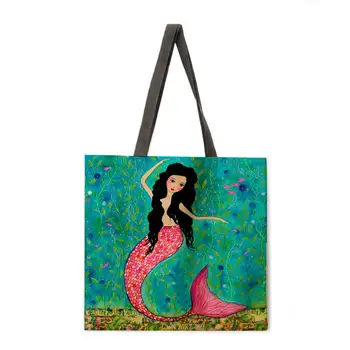 Morska deklica ženskega natisnjeni tote vrečko perilo tkanine vrečko priložnostne zložljiva nakupovalna torba prostem plaže vrečko dnevno tote vrečko