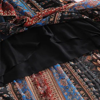 Mozaik Tiskanja Midi Za Obleko Jeseni Ženske 2020 Ruffle Proti-vrat Long Sleeve Vintage Počitnice Obleko Asimetrične Robom Oblog Obleke