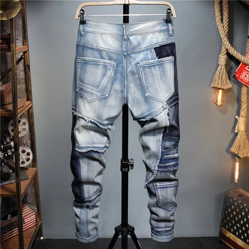 Moške Obliž Design Mozaik Stretch Denim Jeans, Moda Modra Bonitete Raztrgane Hlače Sredi Pasu Hlače