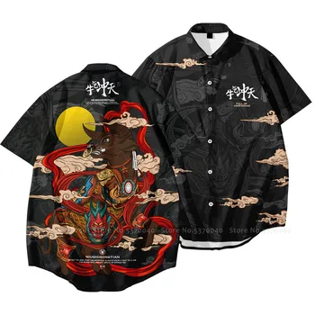Moški Plašč Kitajski Slog Natisnjeni Vrhovi Retro Srajce Jopico Japonski Samuraj, Harajuku Ulične Mode Priložnostne Bluzo Majica