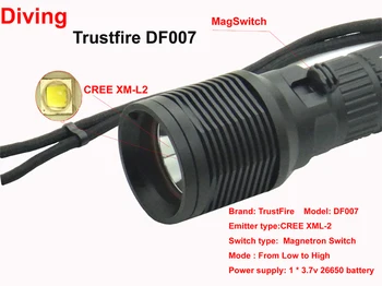 Nepremočljiva DF007 Potapljaška Svetilka XML-2 Magnetron Stikalo Podvodne LED luči brez baterije