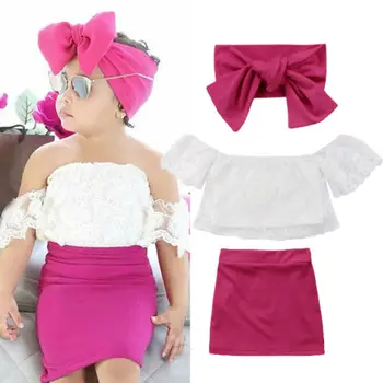 Nov Baby Girl Obleke Dekleta Barva Off ramenski Čipke Cvetlični Tank Majica Vrhovi Otroci Visoko Pasu Rdeča Krila Moda Summer Set