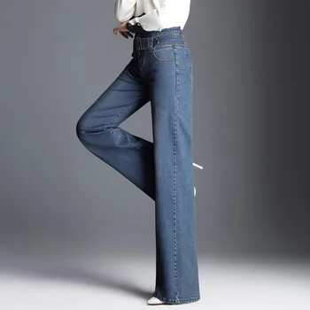 Nov Ženski Elegantni Širok Noge Flare Kavbojke, Visoko Pasu Ženska Lep Modni Jeans Plus Velikost Naravnost Oprati Kavbojke S Pasom
