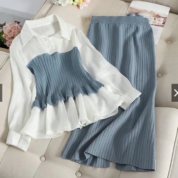 Novo Leto 2020 Korejskih Žensk, Dva Kosa Določa Obleko Modni Pomladni Mozaik Bluzo Vrhovi + Dolgo Krilo Obleke, Elegantne Dame 2 Kos Set