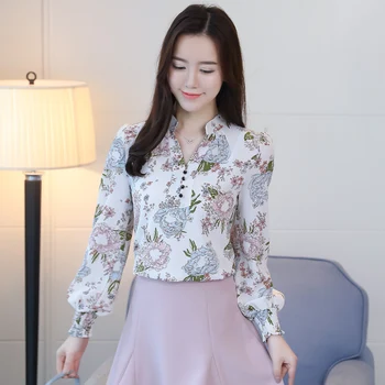 Novo Pomlad Dolgo Oplaščeni Bluze, Modne Slim Priložnostne Tiskanja Plus Velikost Elegantno OL Slog Ženske Majice Šifon Obleke D556 30
