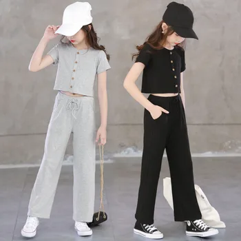 Pletenega Rebrastega najstnice Oblačila, ki Poleti Leta 2020 Moda Otroci Obleke 2pcs Določa Big Gril Oblačila Sklop Vrhovi in Hlače In Obleke