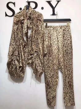 Retro Leopard Tiskanja Čipke-up Svoboden Dva Kosa Rokavi Ženske' Pade Nov Slog + Visok Pas Naravnost Hlače Modni Obleko Osebnost