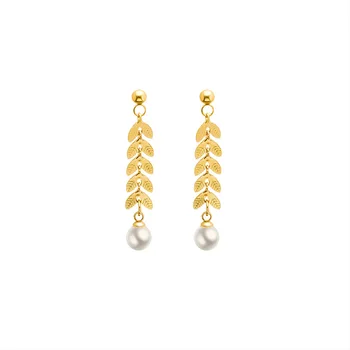 Rose gold plated iz nerjavečega jekla listov spusti uhani za ženske uho dodatkov, modnih simulirani pearl visijo earings nakit